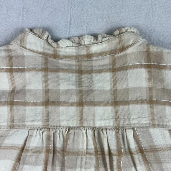 Gap Button Front Ruffle Top Women's Small Beige Plaid Half Sleeve Peasant - Picture 3 of 8